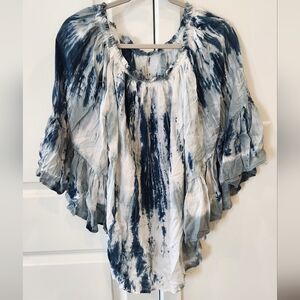 Elan Blue and White Tie-Dye Smocked Peasant Top
